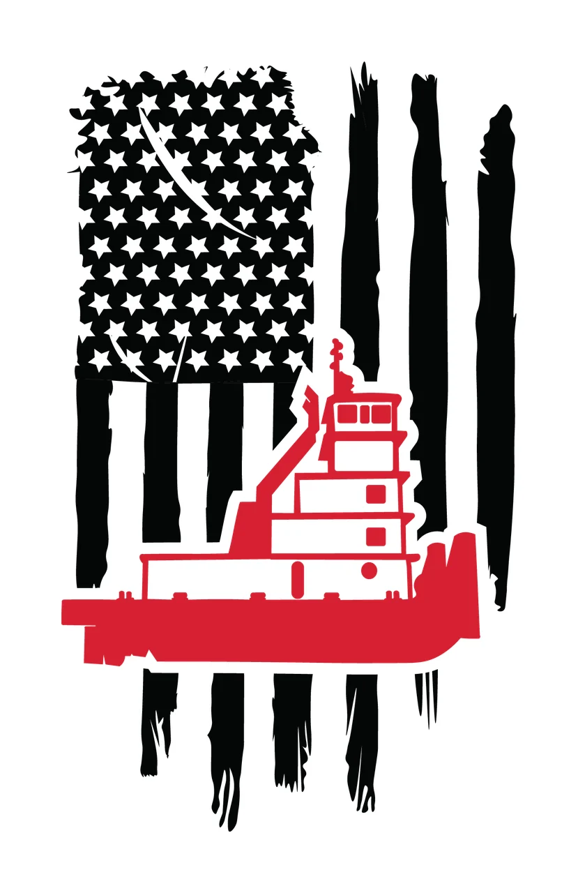 Boat Tugboat Silhouette Over American Flag distressed graphic