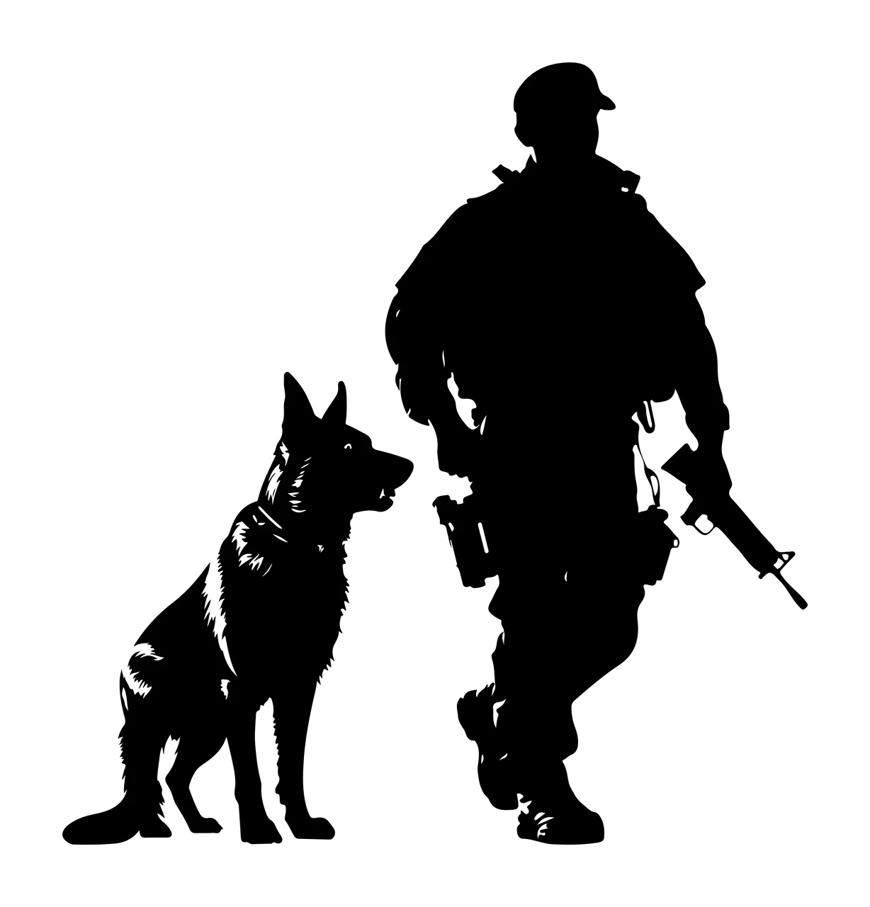Dog Soldier And Silhouette Standing rifle black white military