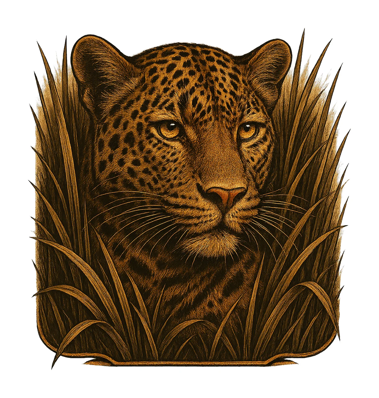 Leopard Engraving Wildlife Predator Hidden in Grass Jungle