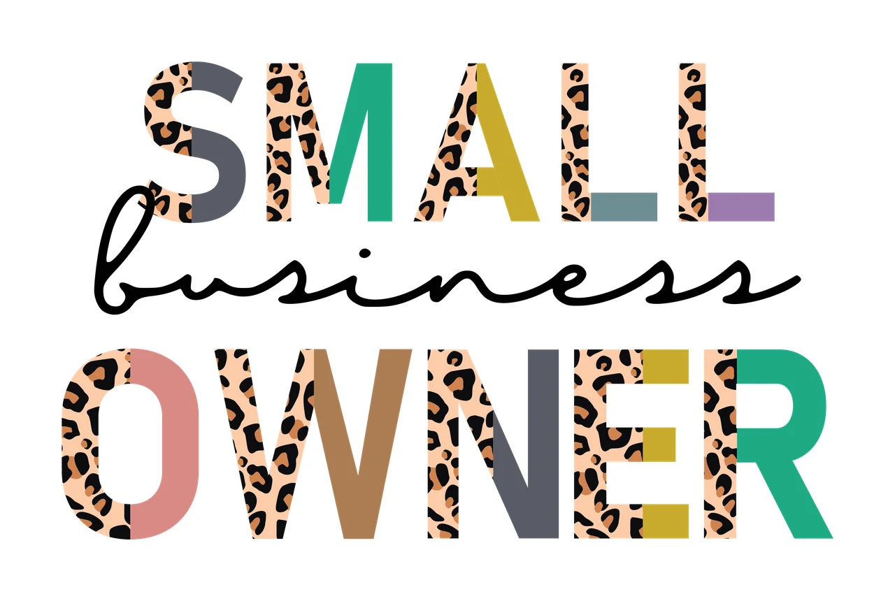 SMALL business OWNER Typography Design with leopard print, block letters, script font and multi-colored text in grey, teal and gold
