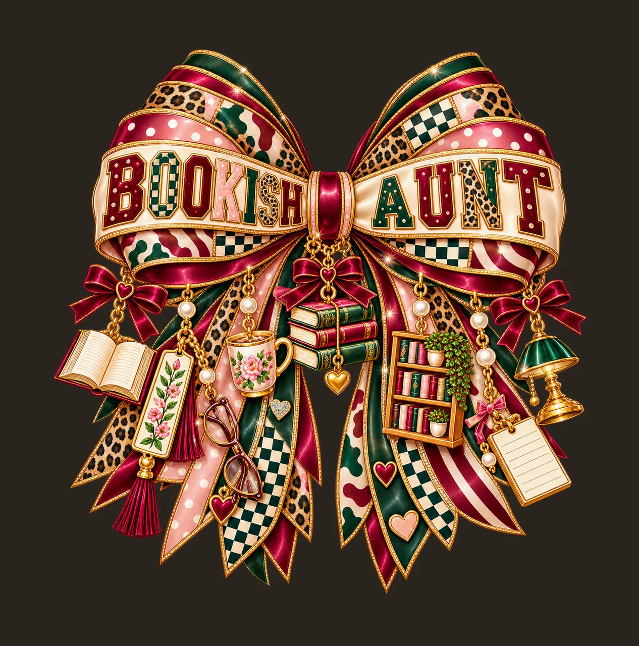Bookish Aunt Bow Charm PNG, Patterned Varsity Aunt Ribbon Clipart, Transparent Sublimation Digital Download contrast preview thumbnail