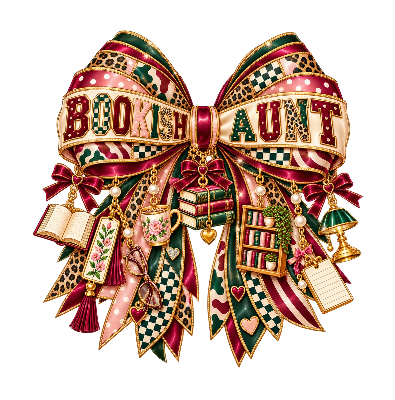 Bookish Aunt Bow Charm PNG, Patterned Varsity Aunt Ribbon Clipart, Transparent Sublimation Digital Download