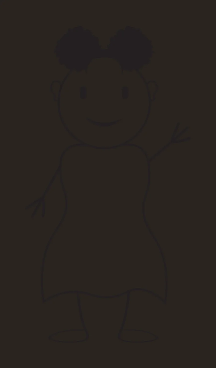 Line Art Illustration of stick figure person with hair buns, dress, smiling face and waving hand in black and white contrast preview thumbnail