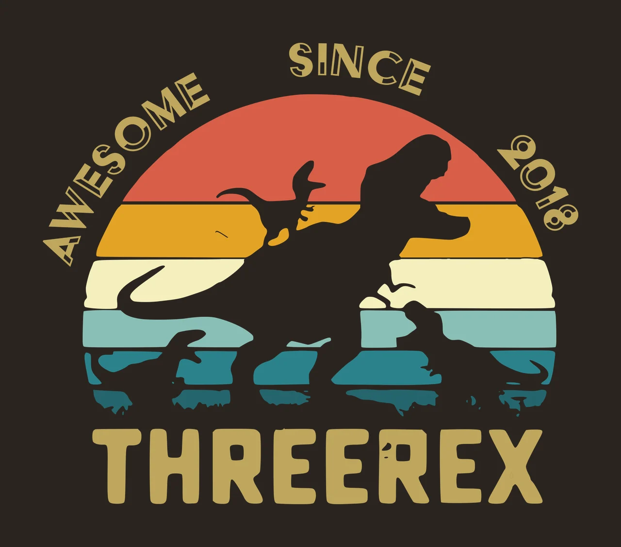 AWESOME SINCE 2018 THREEREX dinosaur family silhouettes and retro sunset Design with small dinosaur silhouettes, striped sunset, mountain range and curved text in orange, yellow and teal contrast preview thumbnail