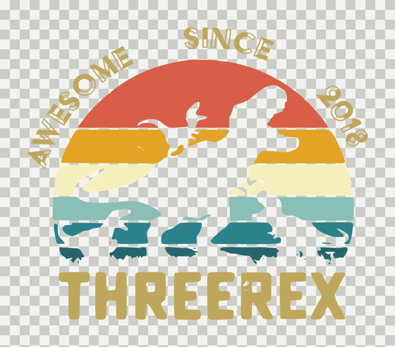 AWESOME SINCE 2018 THREEREX dinosaur family silhouettes and retro sunset Design with small dinosaur silhouettes, striped sunset, mountain range and curved text in orange, yellow and teal transparency and detail preview thumbnail