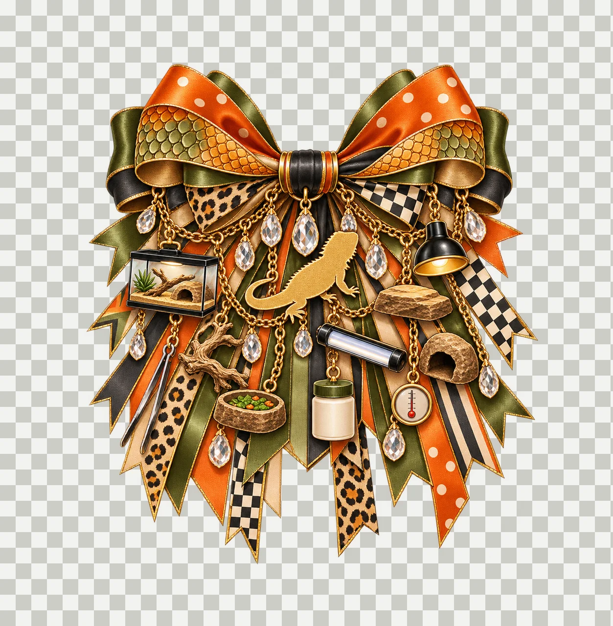 Bearded Dragon Lover Bow Charm PNG, Gold Chain Charms, Transparent Sublimation Design, Digital Download transparency and detail preview thumbnail