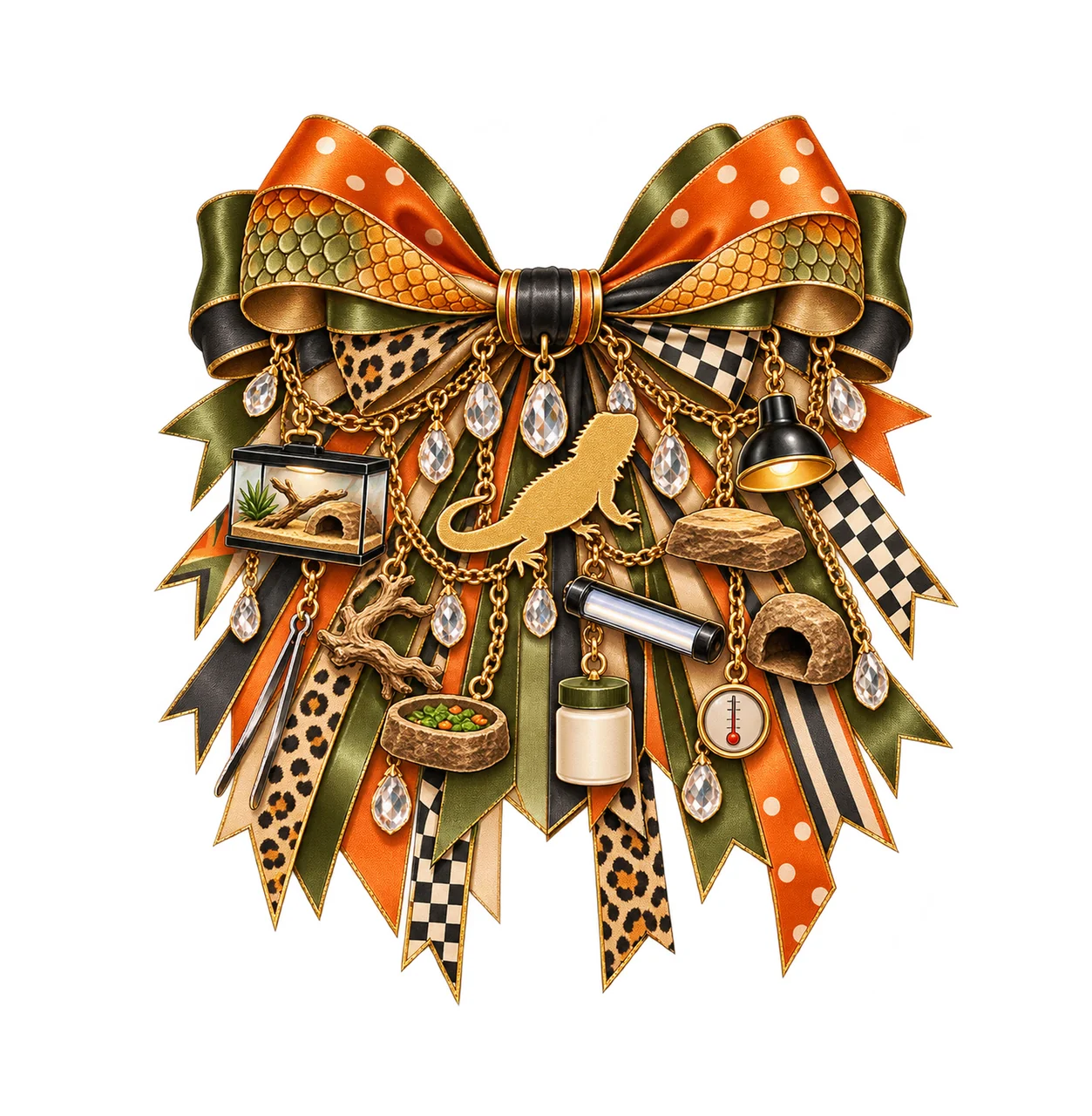 Bearded Dragon Lover Bow Charm PNG, Gold Chain Charms, Transparent Sublimation Design, Digital Download