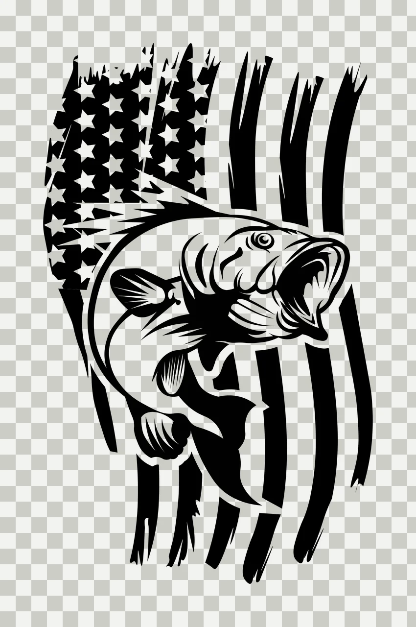 Fishing Bass Fish Jumping Over Flag stripes stars silhouette graphic transparency and detail preview thumbnail