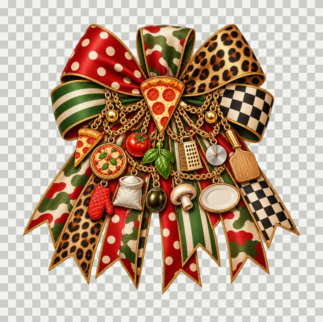 Pizza Lover Bow Charm PNG, Themed Gold Chain Charms, Coquette Ribbon Sublimation Design, Transparent Digital Download transparency and detail preview thumbnail