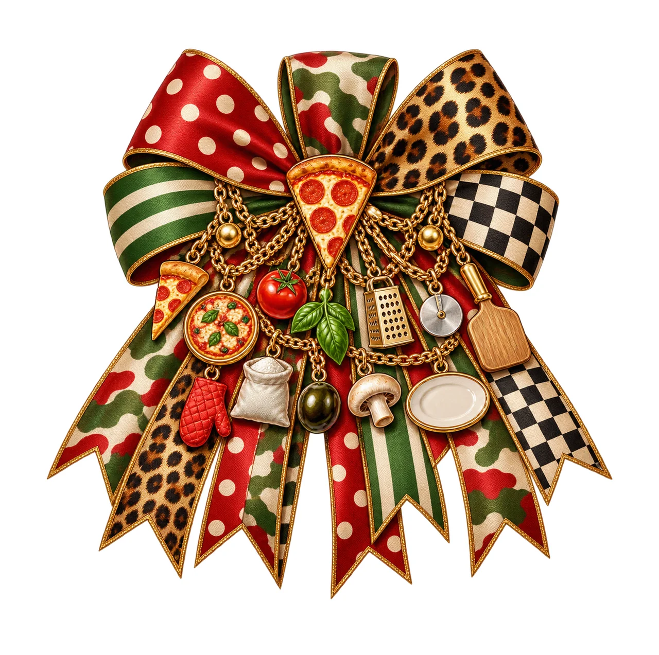 Pizza Lover Bow Charm PNG, Themed Gold Chain Charms, Coquette Ribbon Sublimation Design, Transparent Digital Download