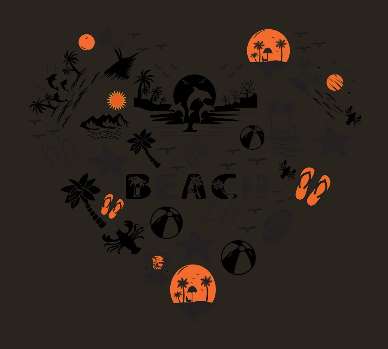 BEACH Life tropical beach heart collage Design with palm trees, dolphins, starfish and flip-flops in black, orange and white contrast preview thumbnail