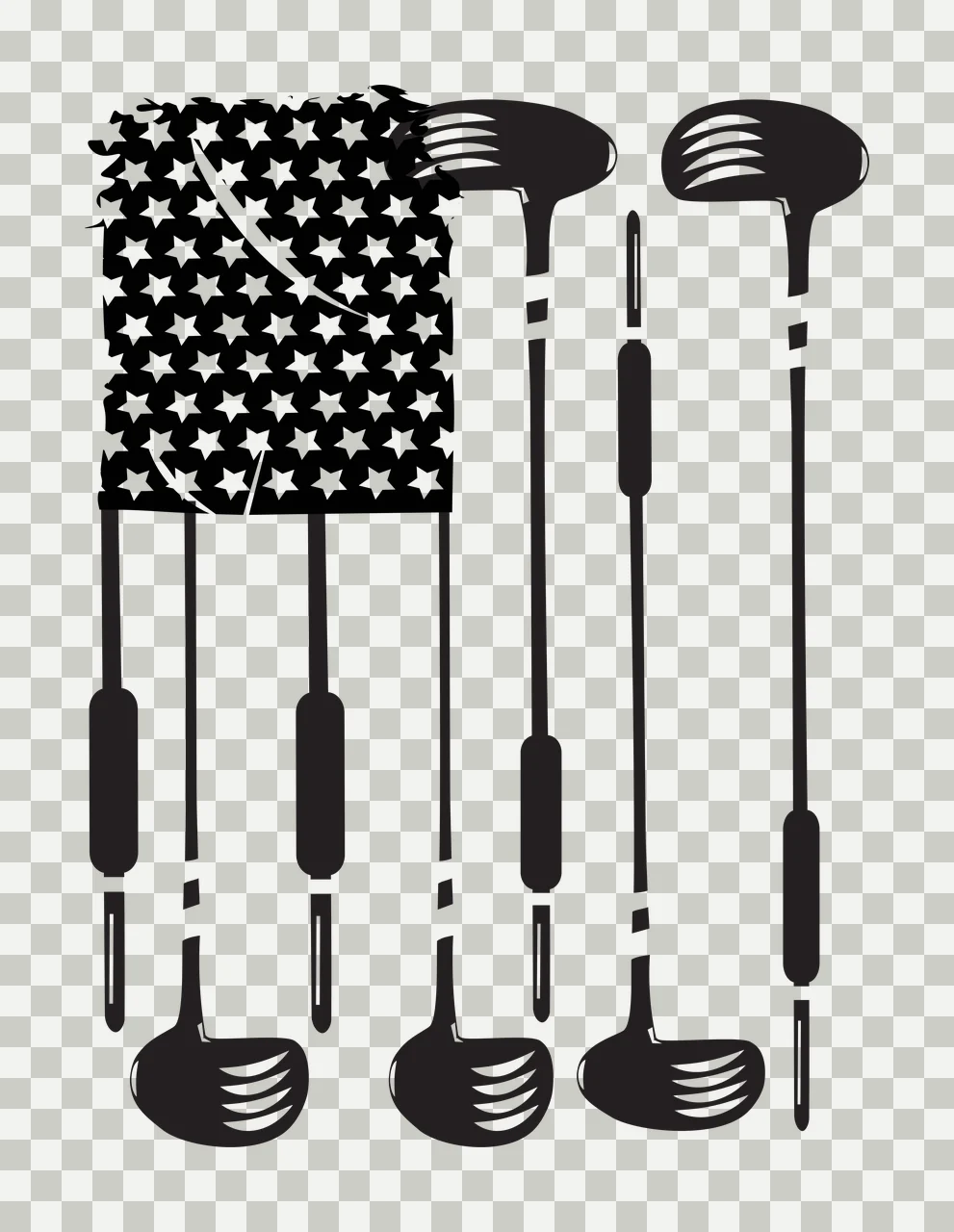 Golf Club Flag Graphic Silhouette with Clubs Arranged as Stripes and Stars Black and White Sports Equipment Design transparency and detail preview thumbnail