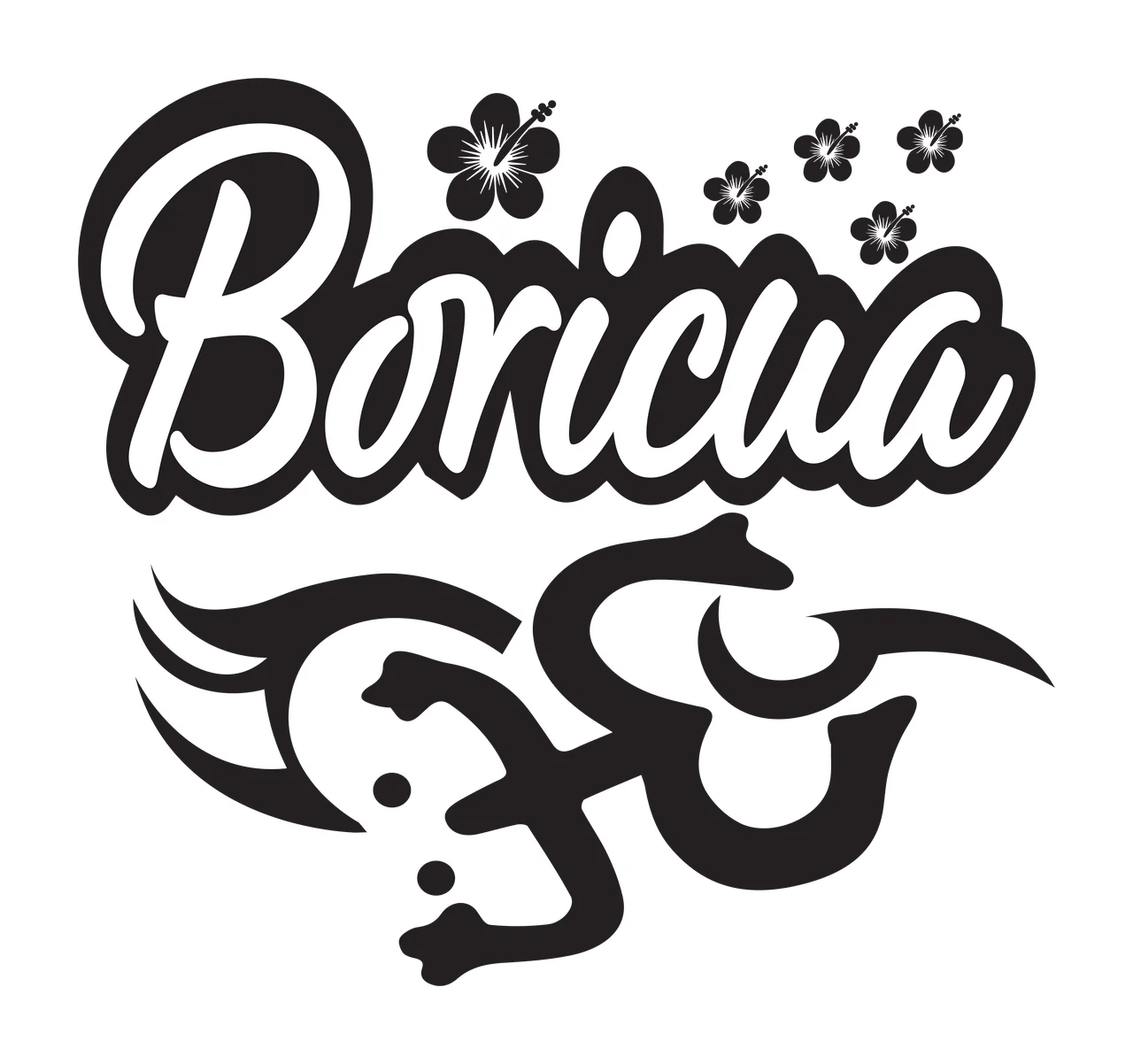 Surfboard Graphic With Hibiscus Flowers and tribal symbol black