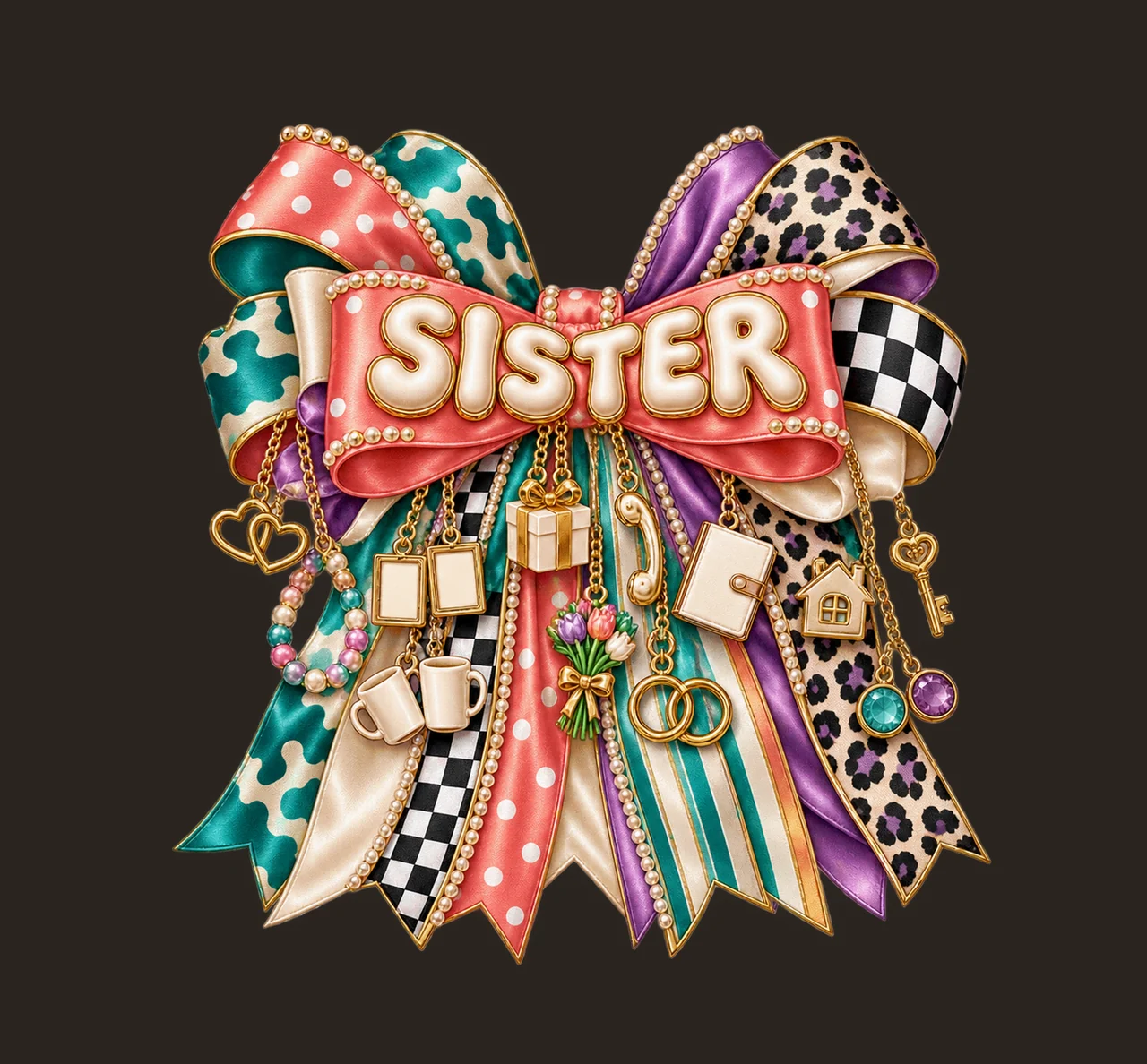 Sister Bow Charm PNG, Gold Chain Charms, Transparent Sublimation Design, Digital Download contrast preview thumbnail