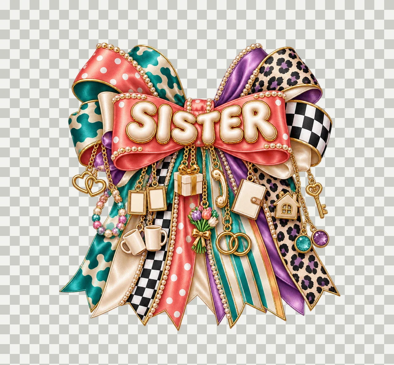 Sister Bow Charm PNG, Gold Chain Charms, Transparent Sublimation Design, Digital Download transparency and detail preview thumbnail