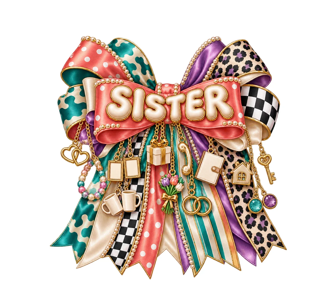 Sister Bow Charm PNG, Gold Chain Charms, Transparent Sublimation Design, Digital Download