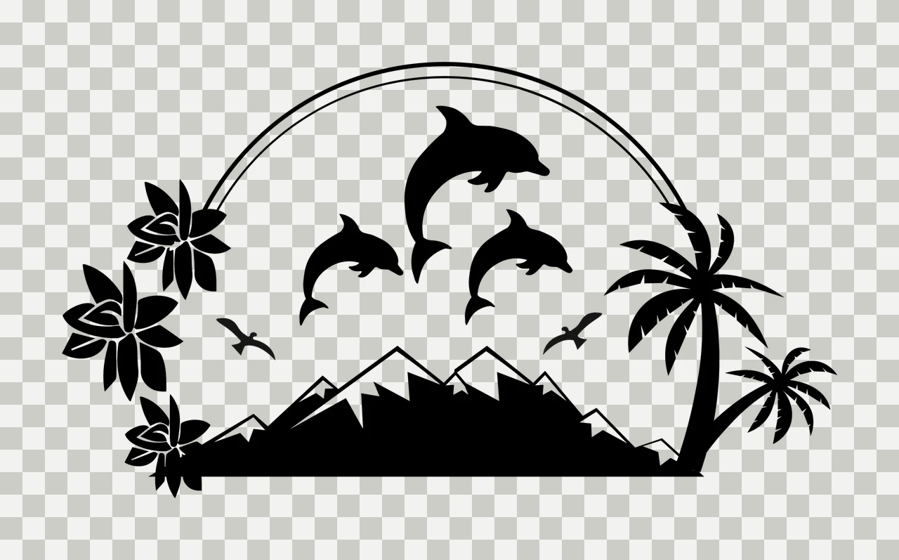 Palm Tree Black Silhouette Dolphins Leaping Near Mountains trees transparency and detail preview thumbnail