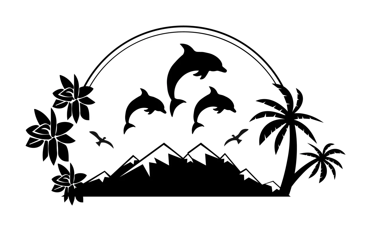 Palm Tree Black Silhouette Dolphins Leaping Near Mountains trees