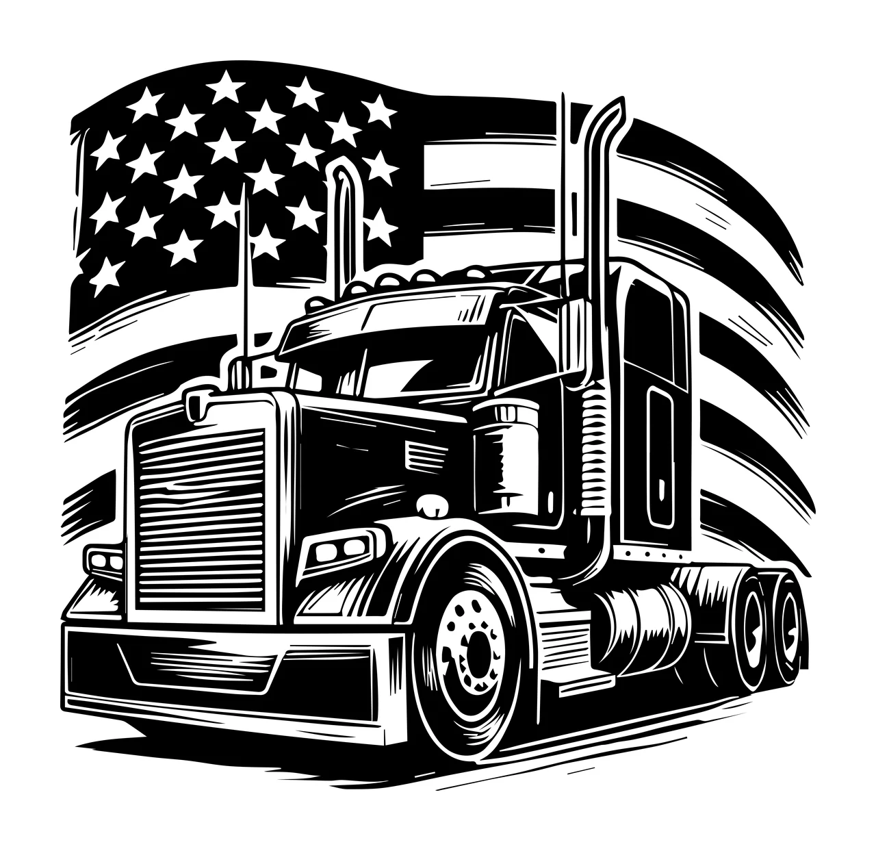 Truck Flag Silhouette With American Background black white