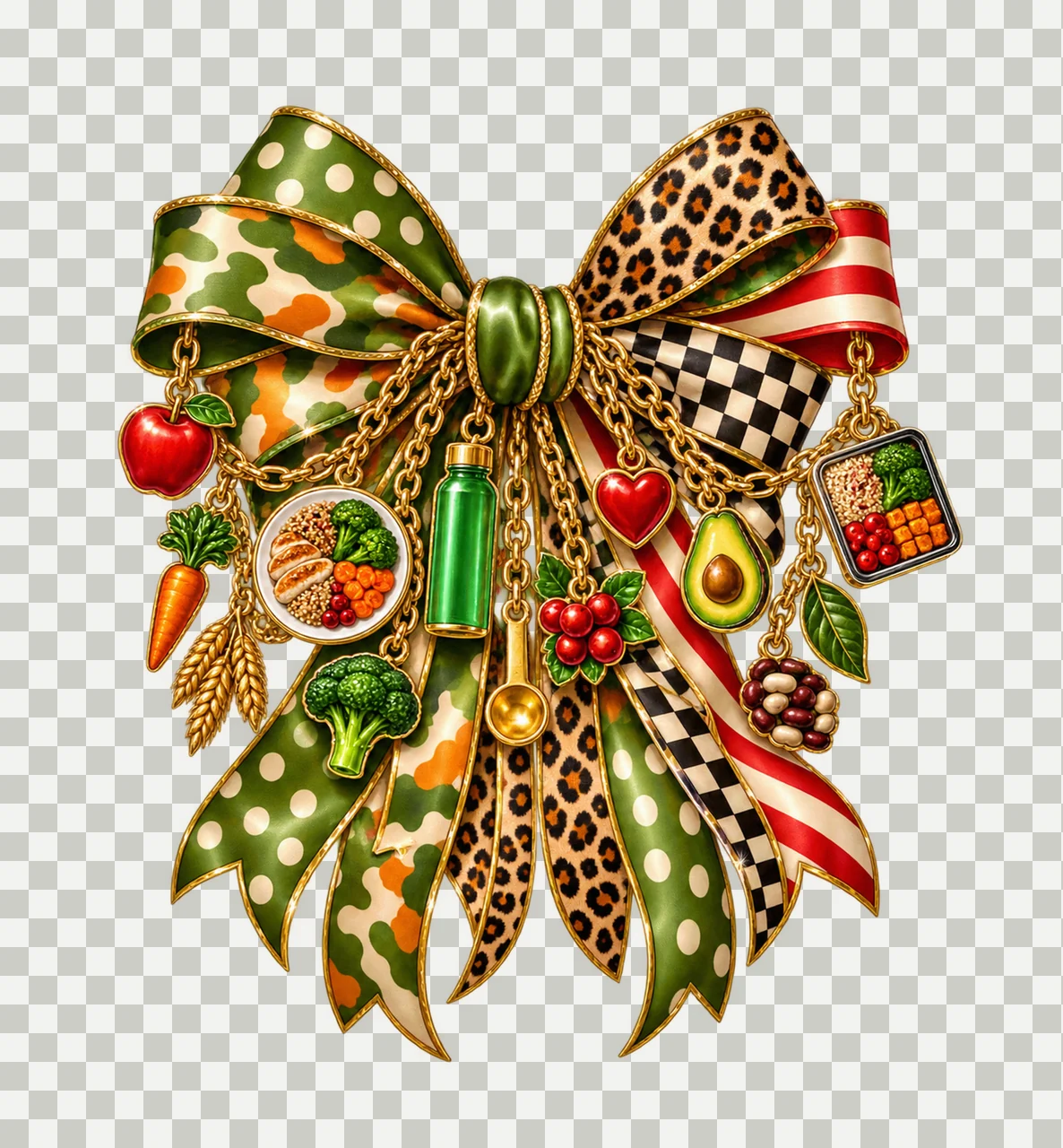 Nutrition Healthy Eating Bow Charm PNG, Themed Gold Chain Charms, Coquette Ribbon Sublimation Design, Transparent Digital Download transparency and detail preview thumbnail