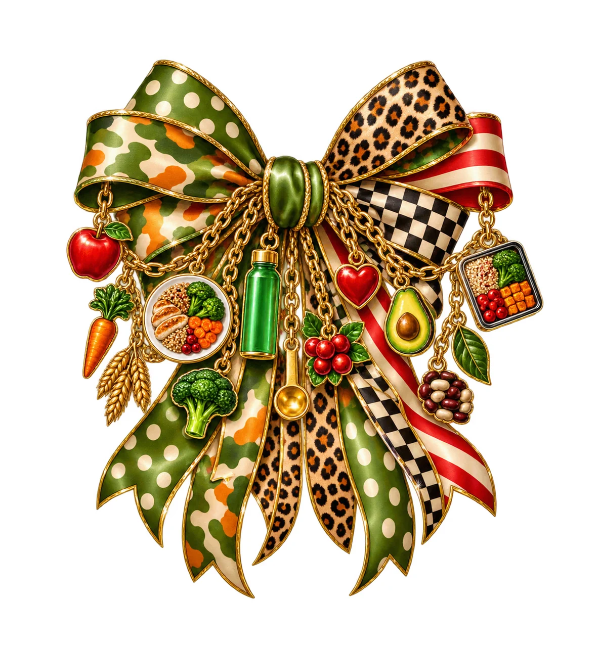 Nutrition Healthy Eating Bow Charm PNG, Themed Gold Chain Charms, Coquette Ribbon Sublimation Design, Transparent Digital Download