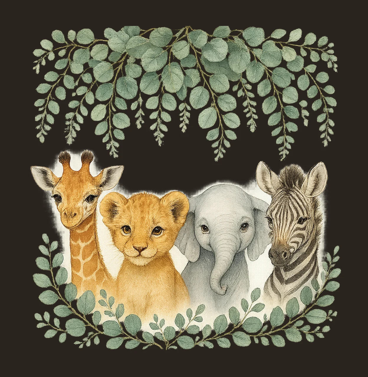 Baby Safari Animals Wreath Watercolor Jungle Design Wild One contrast preview thumbnail
