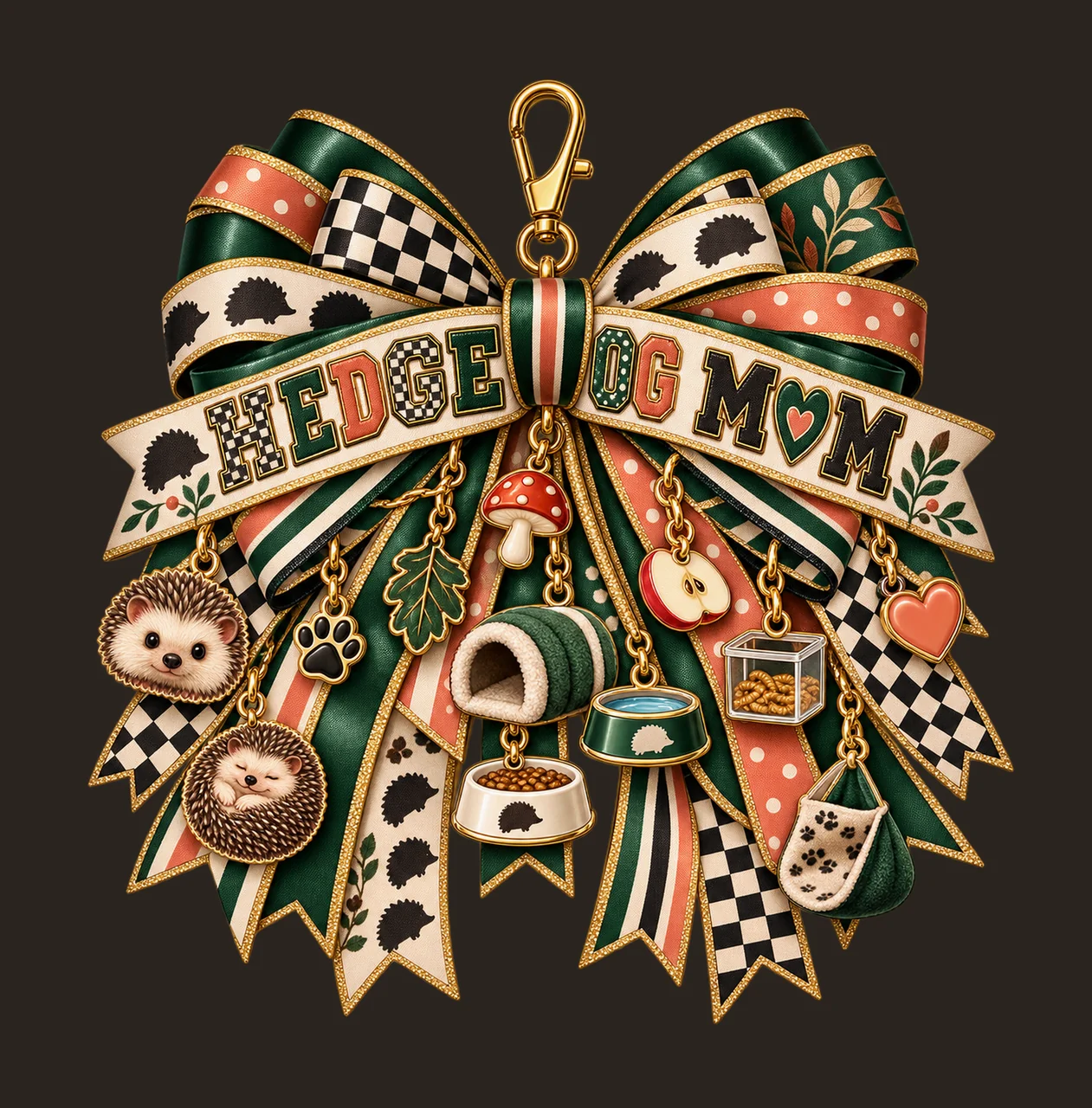 Hedgehog Mom Bow Charm PNG, Patterned Varsity Mom Ribbon Clipart, Transparent Sublimation Digital Download contrast preview thumbnail