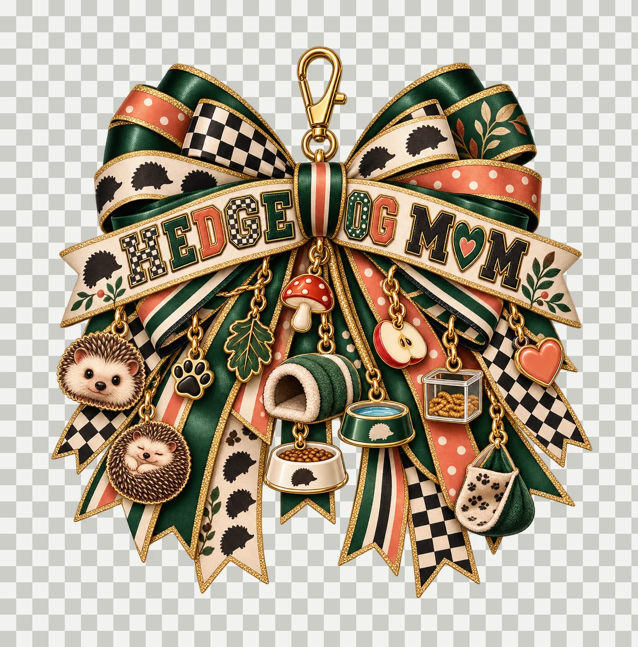 Hedgehog Mom Bow Charm PNG, Patterned Varsity Mom Ribbon Clipart, Transparent Sublimation Digital Download transparency and detail preview thumbnail