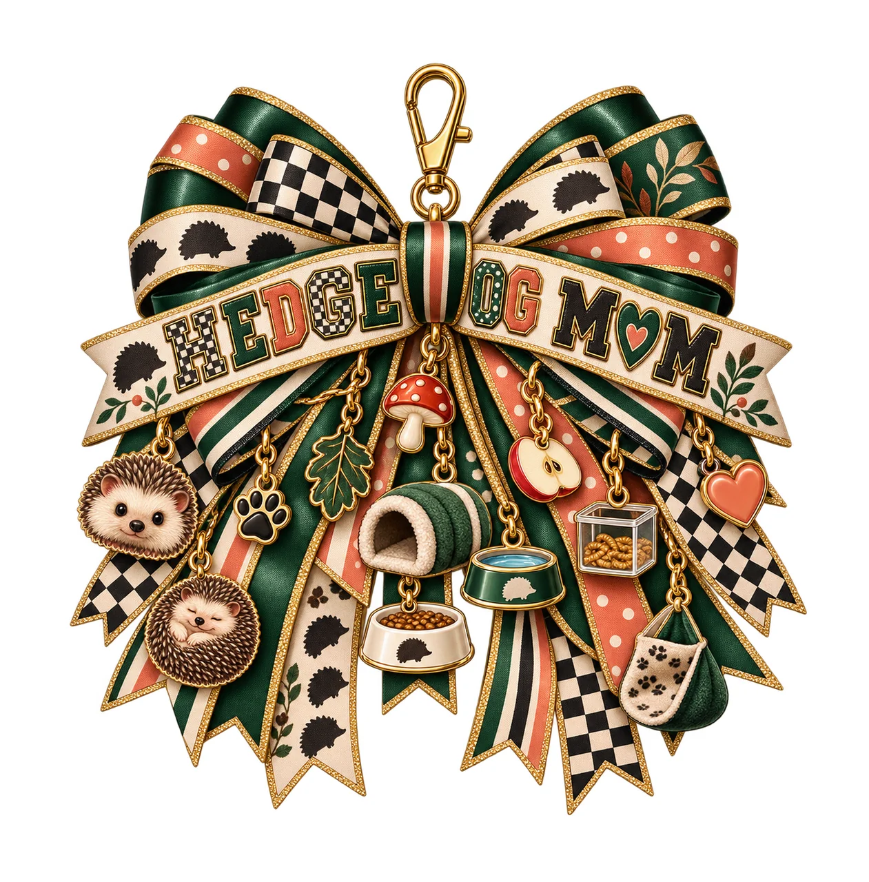 Hedgehog Mom Bow Charm PNG, Patterned Varsity Mom Ribbon Clipart, Transparent Sublimation Digital Download