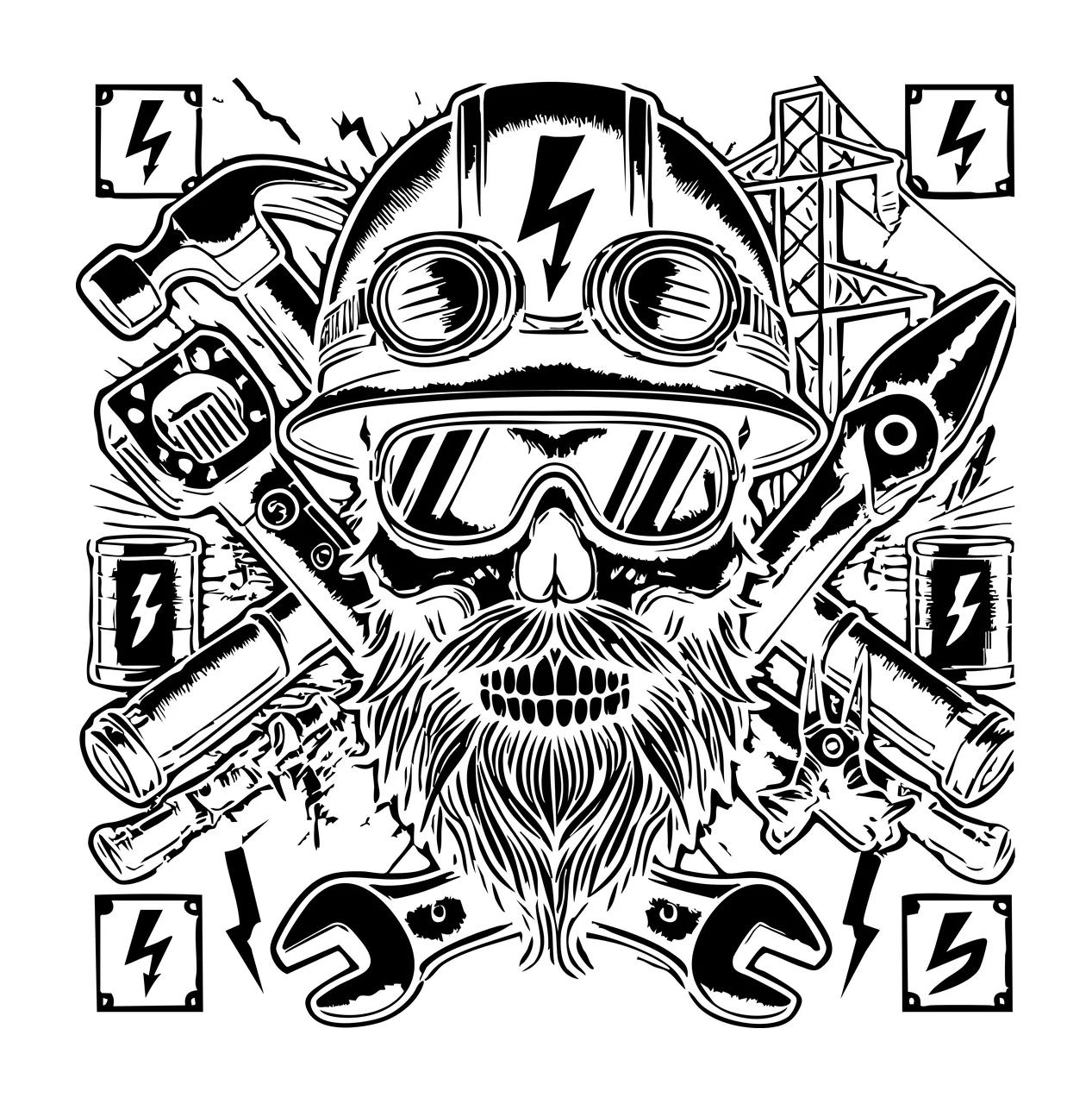 Skull In Hard Hat With Tools wearing headgear goggles wrench
