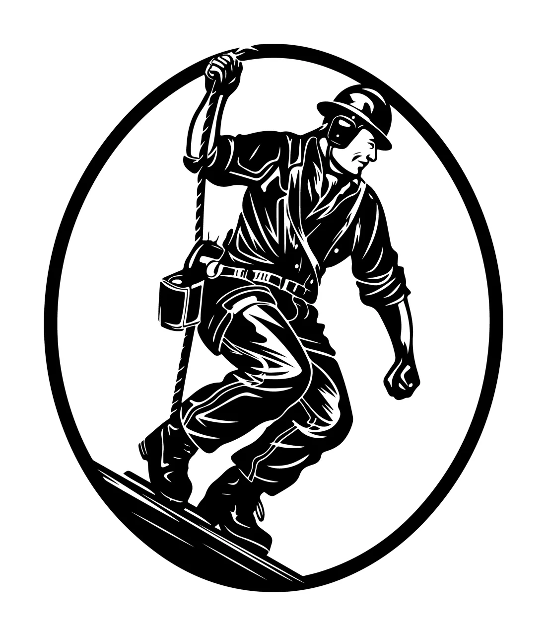Industrial Worker On A Climbing Rope harness helmet boots circular