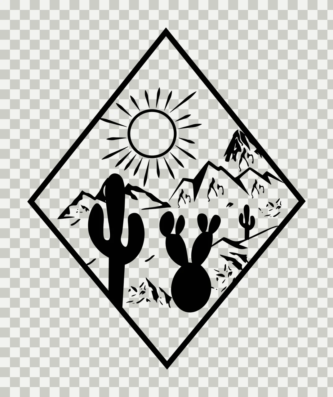 Line Art Illustration of Diamond-shaped black-and-white desert scene with sun with rays, tall saguaro cactus, barrel cactus and small cactus transparency and detail preview thumbnail