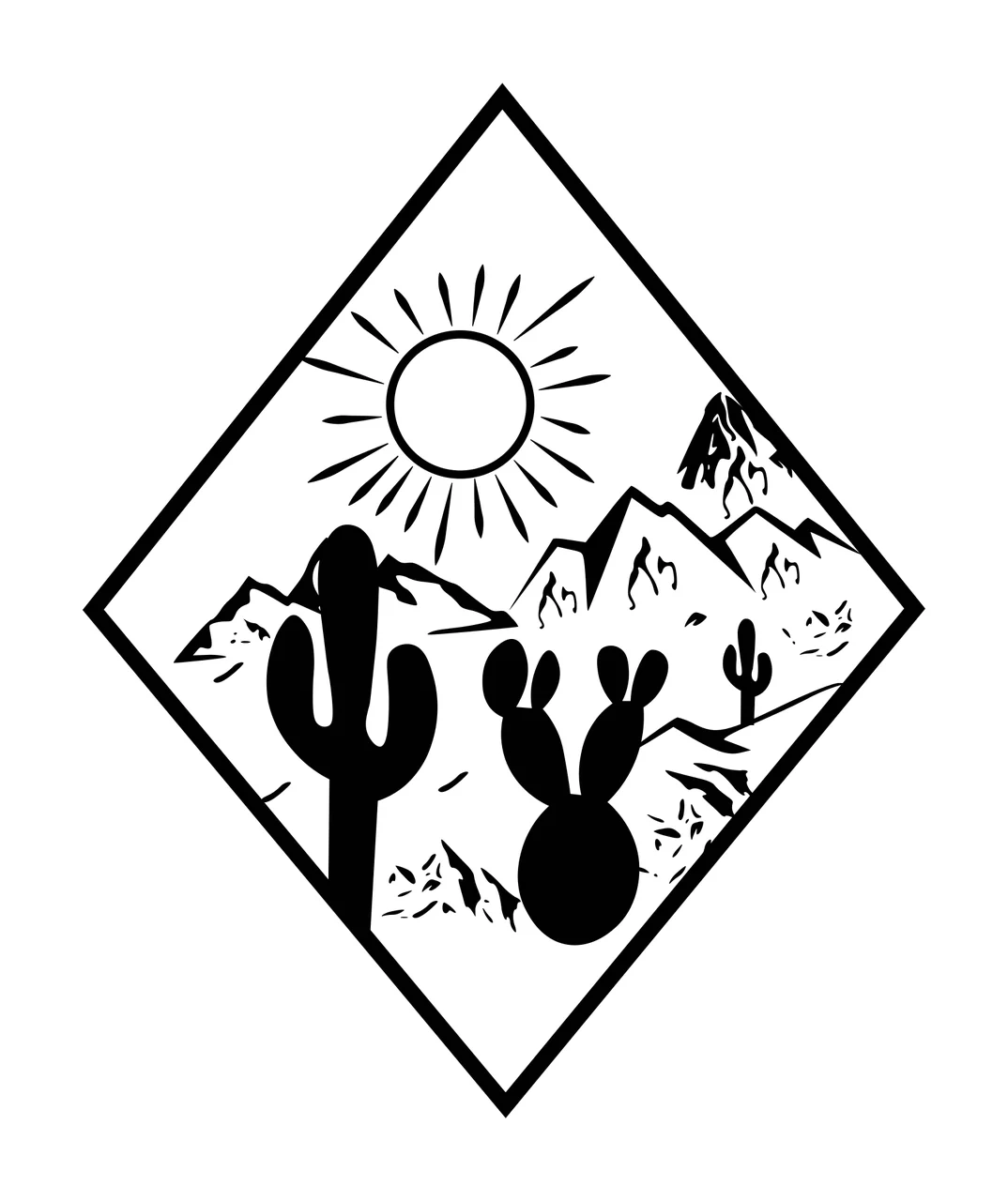 Line Art Illustration of Diamond-shaped black-and-white desert scene with sun with rays, tall saguaro cactus, barrel cactus and small cactus