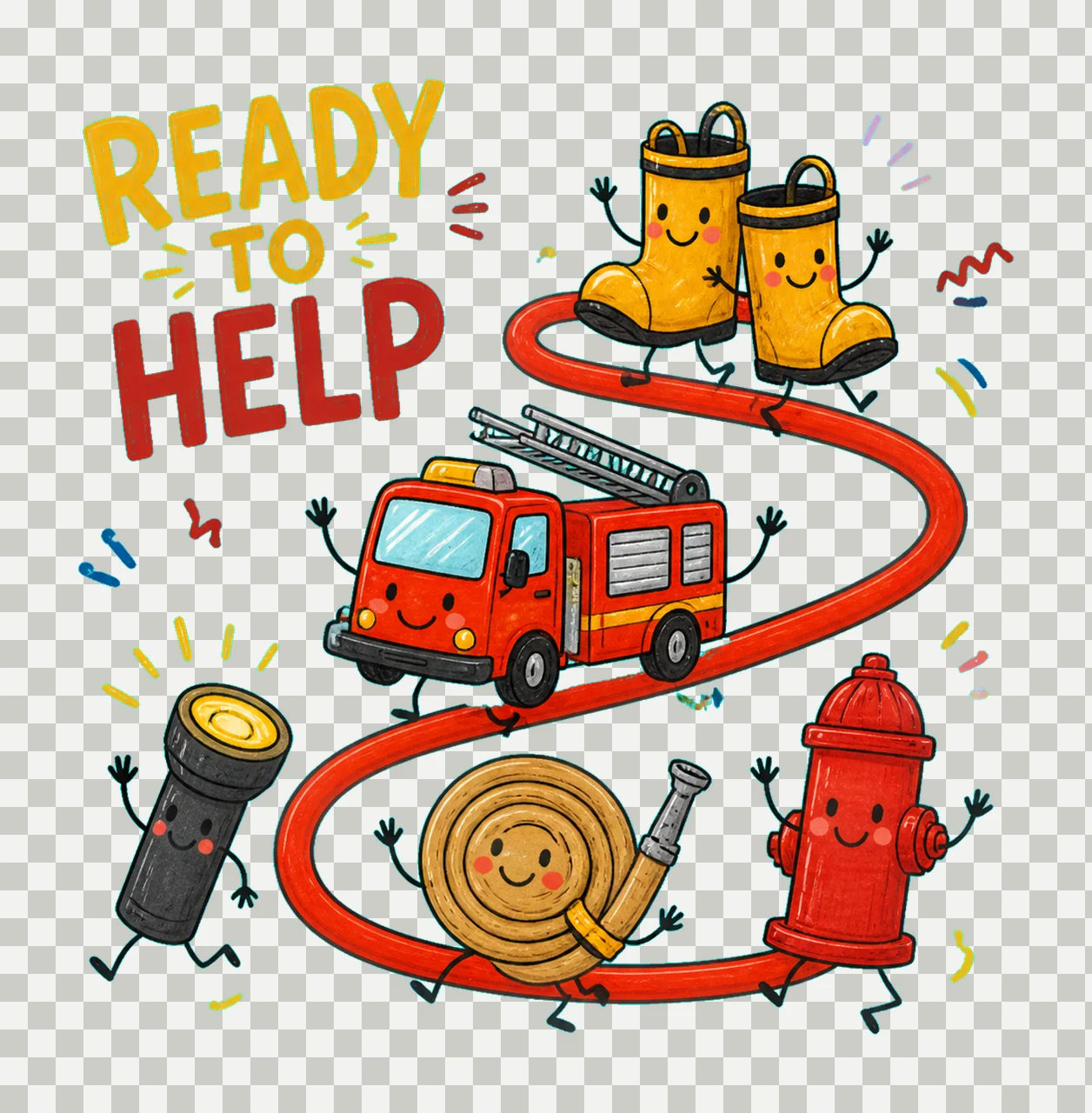 1 Firefighter Doodle PNG, Smiling Rescue Characters Retro Sublimation Design, Ready to Help Hose Path Fire Truck Shirt Clipart, Digital File transparency and detail preview thumbnail