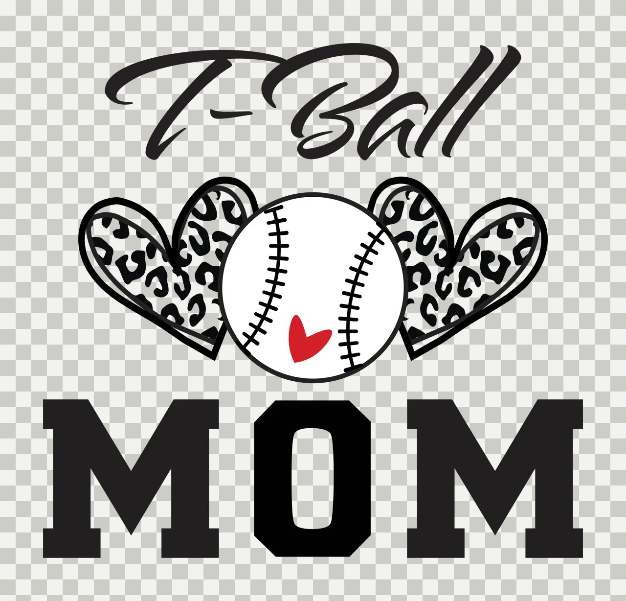 T-Ball MOM T-Ball MOM Design with T-Ball text, leopard print heart, baseball with stitching and small red heart in black and white transparency and detail preview thumbnail