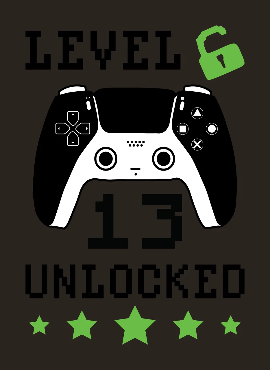 Level 6 13 Unlocked Gaming Text Design controller padlock stars contrast preview thumbnail