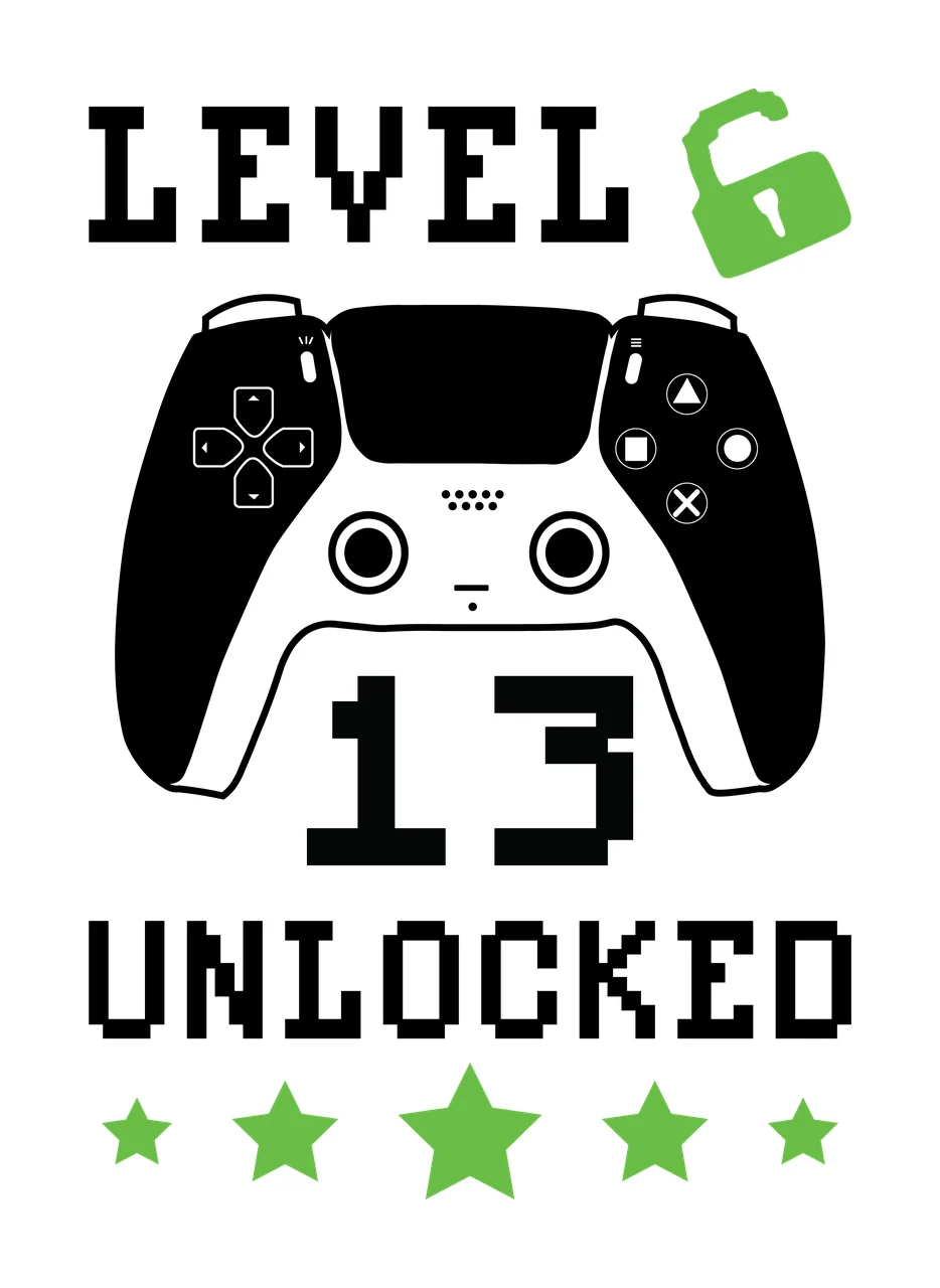 Level 6 13 Unlocked Gaming Text Design controller padlock stars