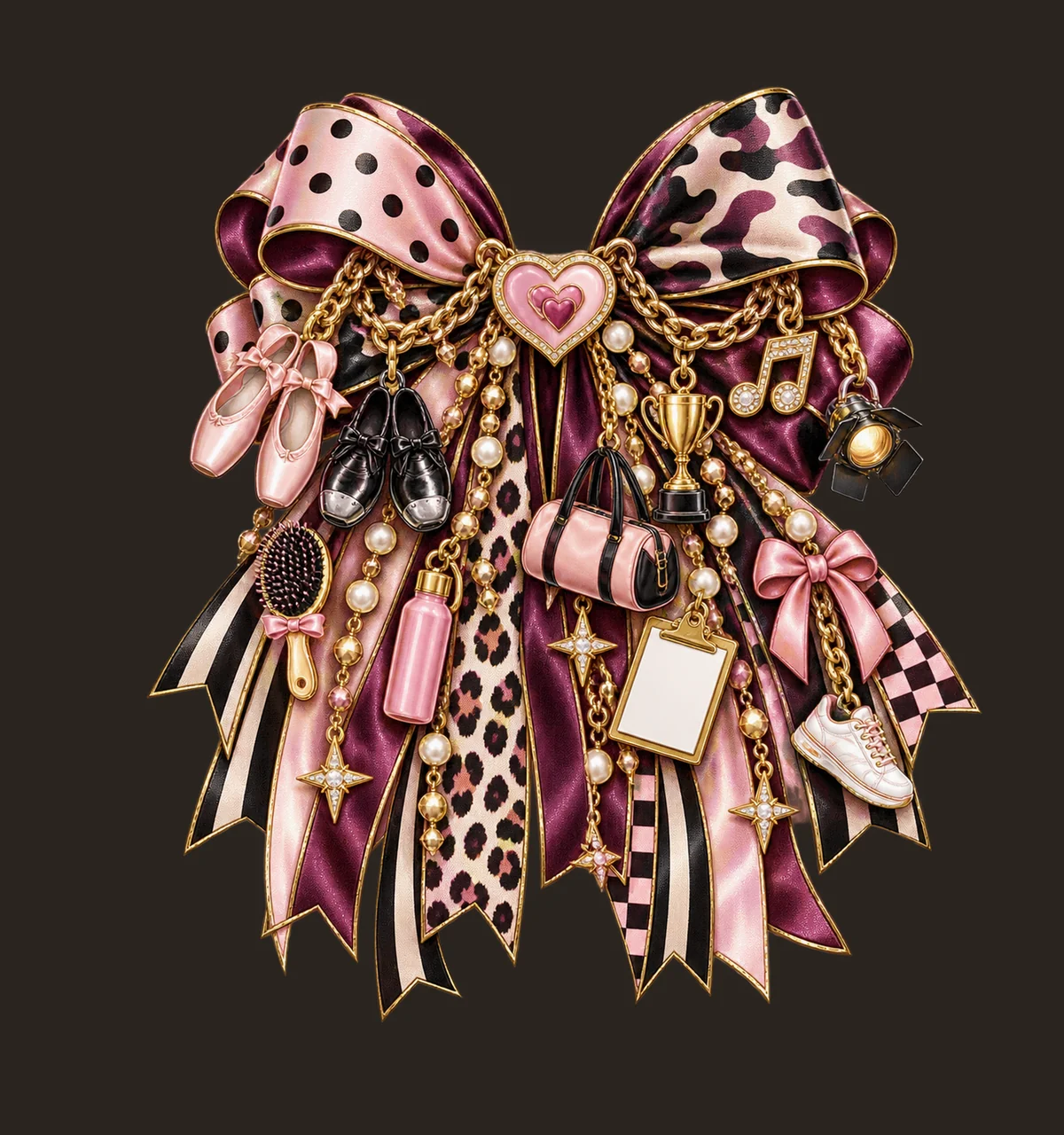 Dance Mom Bow Charm PNG, Themed Gold Chain Charms, Coquette Ribbon Sublimation Design, Transparent Digital Download contrast preview thumbnail