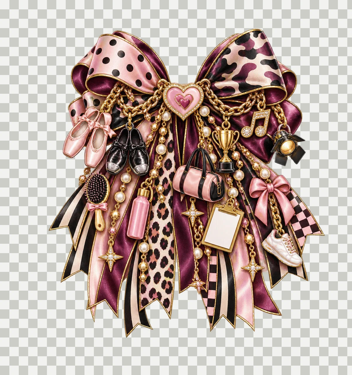 Dance Mom Bow Charm PNG, Themed Gold Chain Charms, Coquette Ribbon Sublimation Design, Transparent Digital Download transparency and detail preview thumbnail