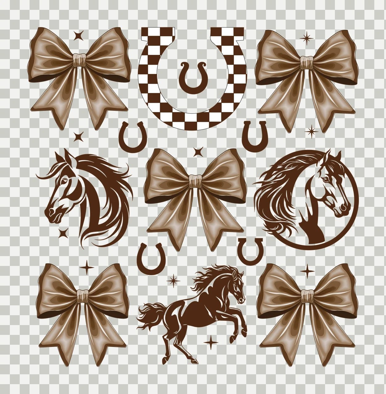 Bow Horse Black Silhouettes With Bows And Horseshoes horseshoe transparency and detail preview thumbnail