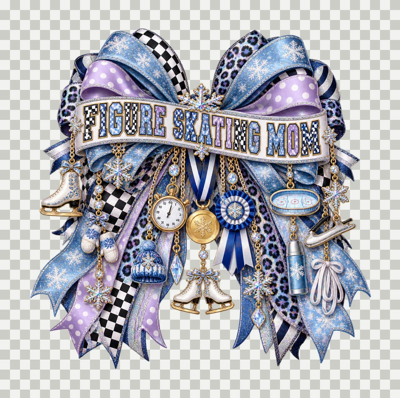 Figure Skating Mom Bow Charm PNG, Patterned Varsity Mom Ribbon Clipart, Transparent Sublimation Digital Download transparency and detail preview thumbnail