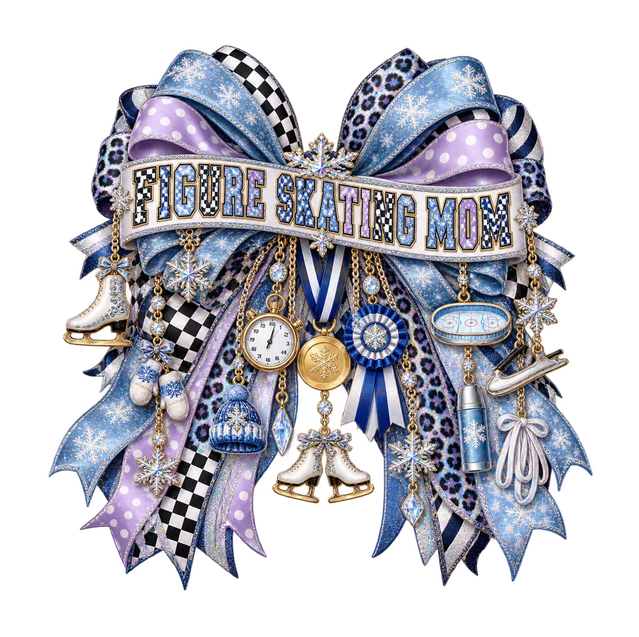 Figure Skating Mom Bow Charm PNG, Patterned Varsity Mom Ribbon Clipart, Transparent Sublimation Digital Download