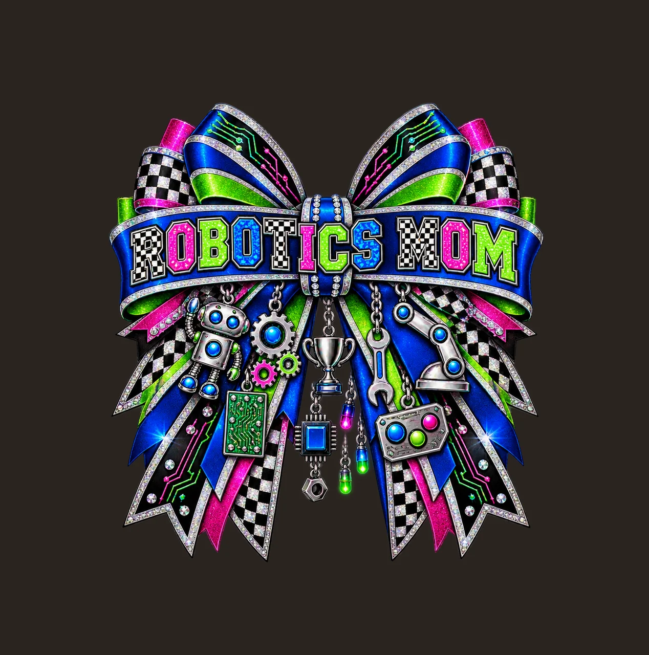 Robotics Mom Bow Charm PNG, Patterned Varsity Mom Ribbon Clipart, Transparent Sublimation Digital Download contrast preview thumbnail