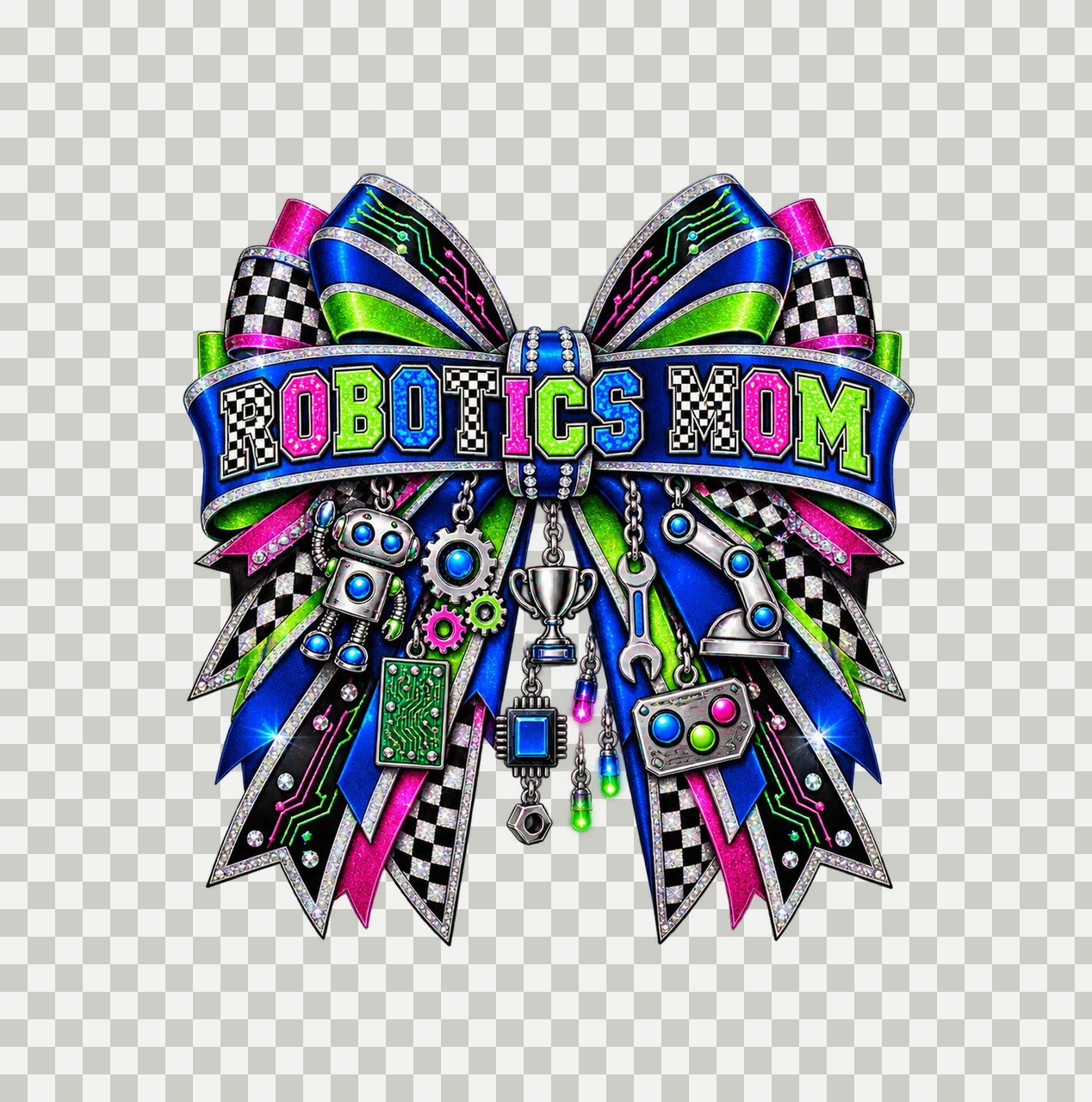 Robotics Mom Bow Charm PNG, Patterned Varsity Mom Ribbon Clipart, Transparent Sublimation Digital Download transparency and detail preview thumbnail