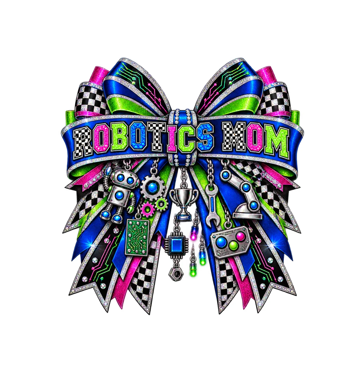 Robotics Mom Bow Charm PNG, Patterned Varsity Mom Ribbon Clipart, Transparent Sublimation Digital Download