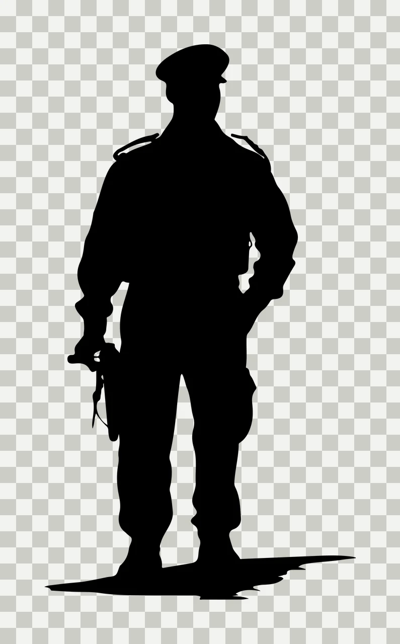 Standing Soldier Silhouette With Cap uniform flat black white transparency and detail preview thumbnail