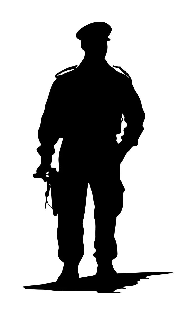 Standing Soldier Silhouette With Cap uniform flat black white