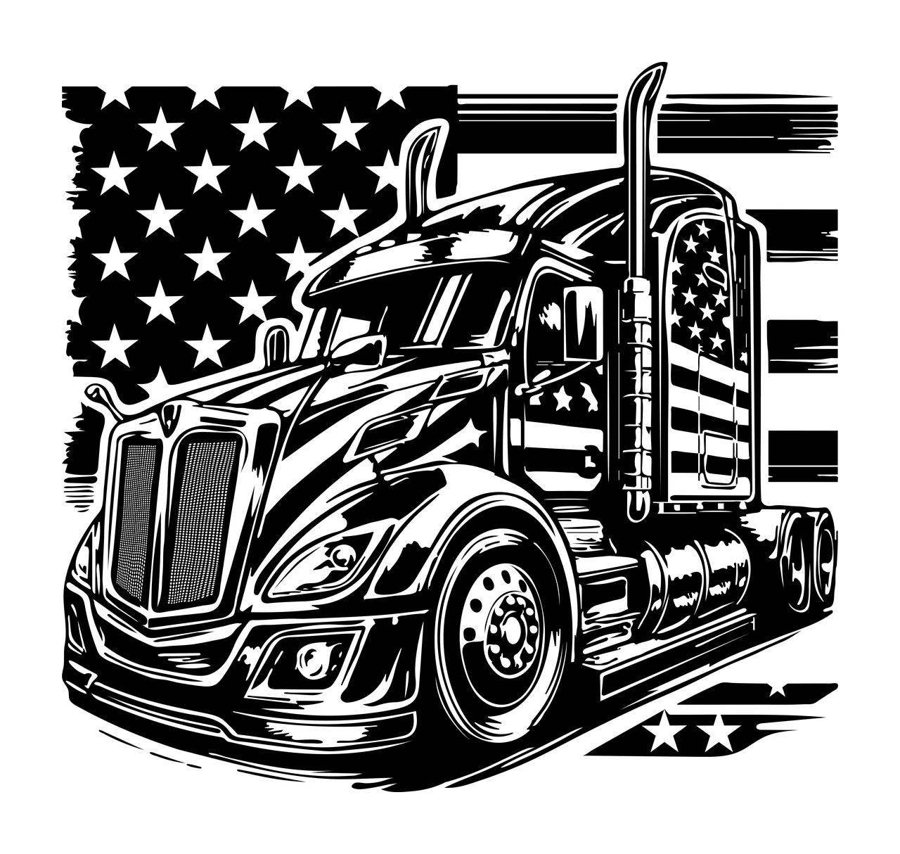 Semi Truck Flag And Us Graphic combined star black plain stripe
