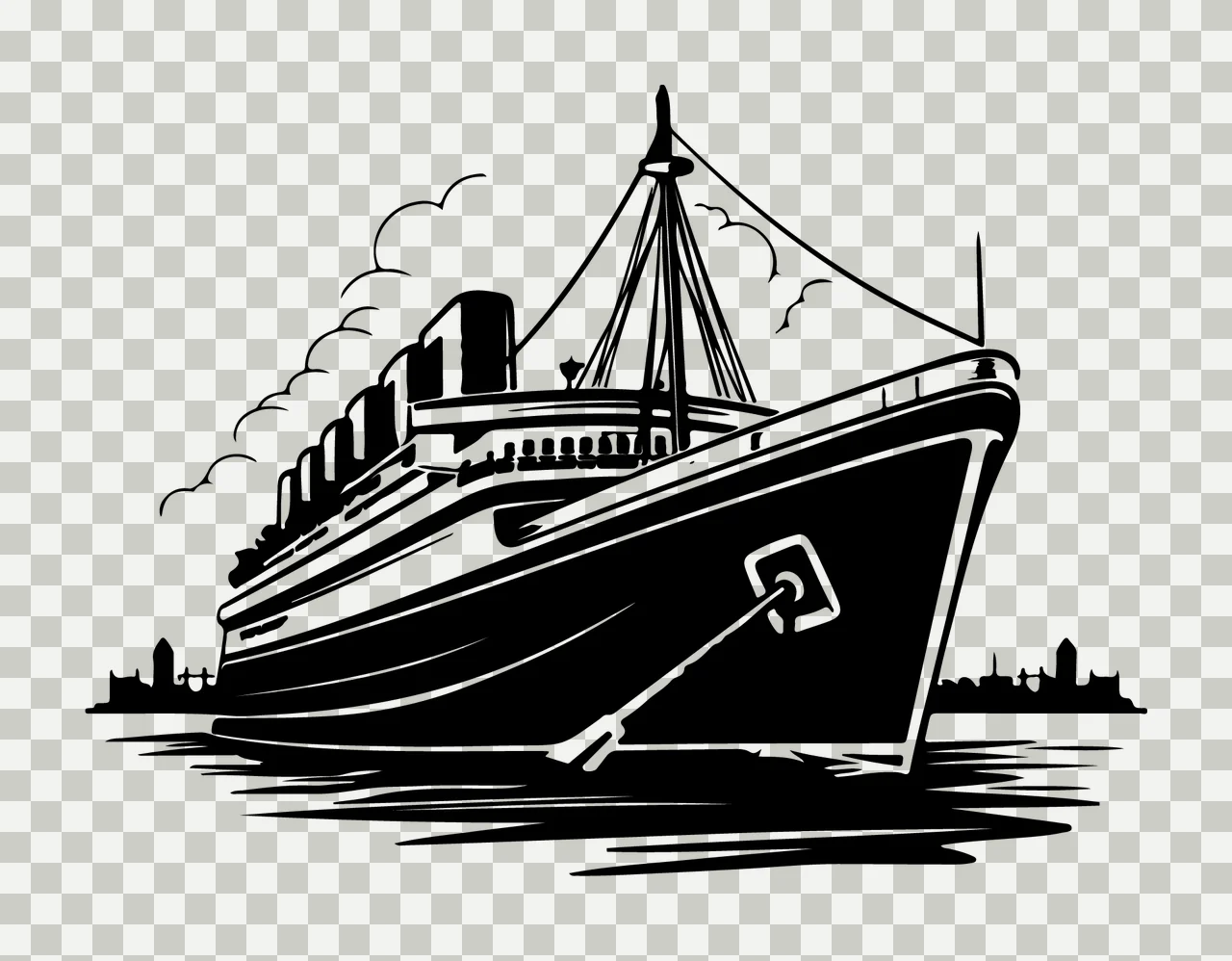 Cruise Ship Black And White Illustration sailing smoke stack transparency and detail preview thumbnail