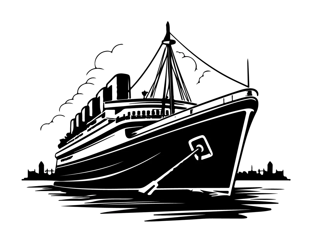 Cruise Ship Black And White Illustration sailing smoke stack